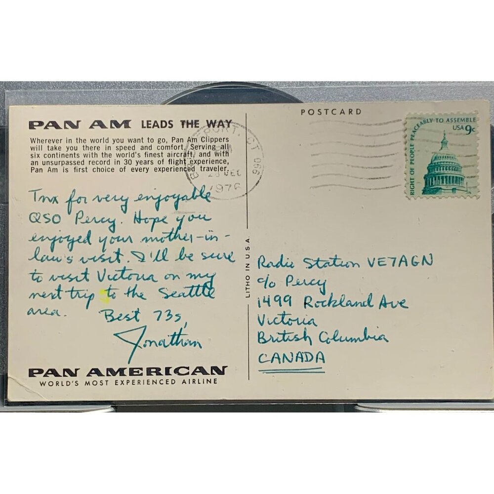 Vintage 1976 Pan Am Airline Postcard With Handwritten Note & 9¢ Capitol Stamp